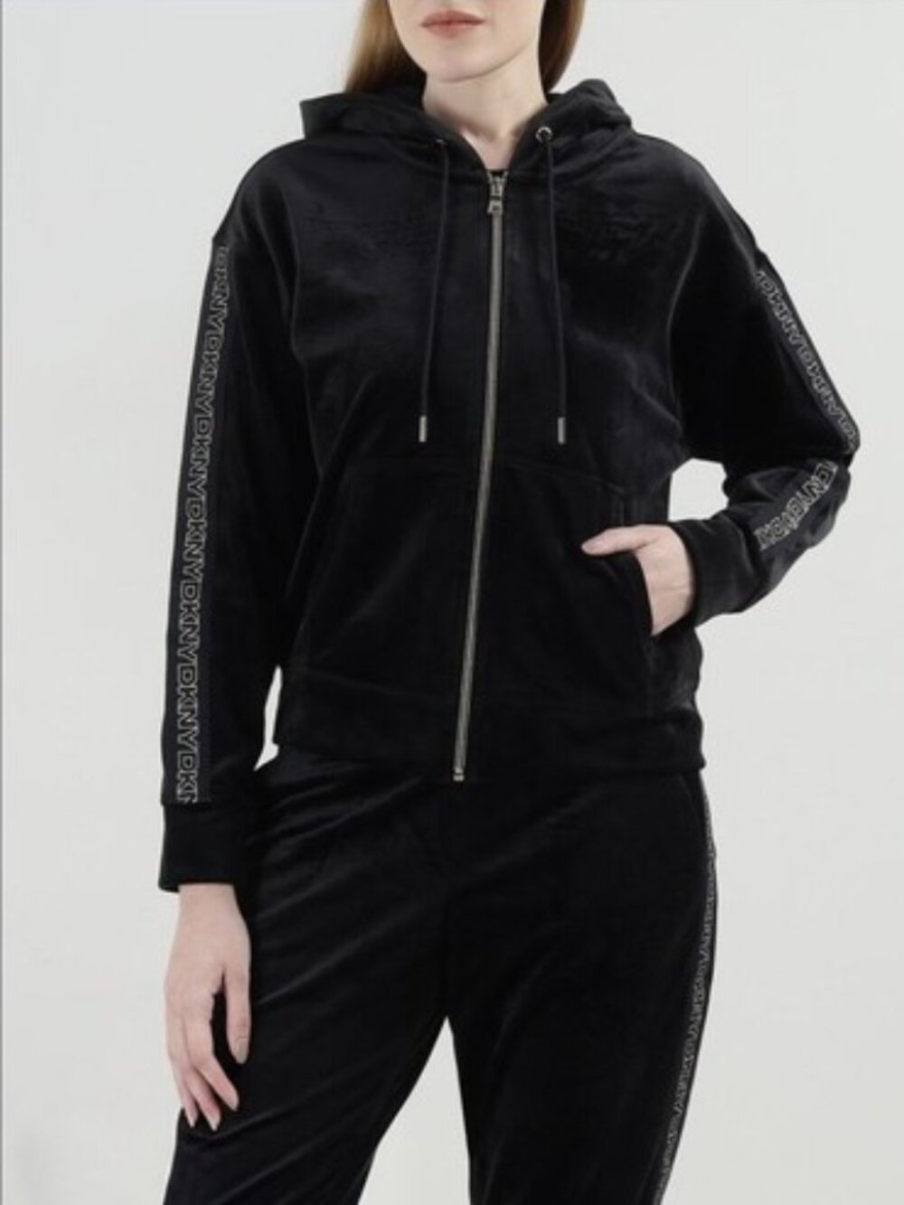 DKNY Velour Black Hoodie Full Zip Gold Logo Tage Sweatshirt Women's Size L NWOT